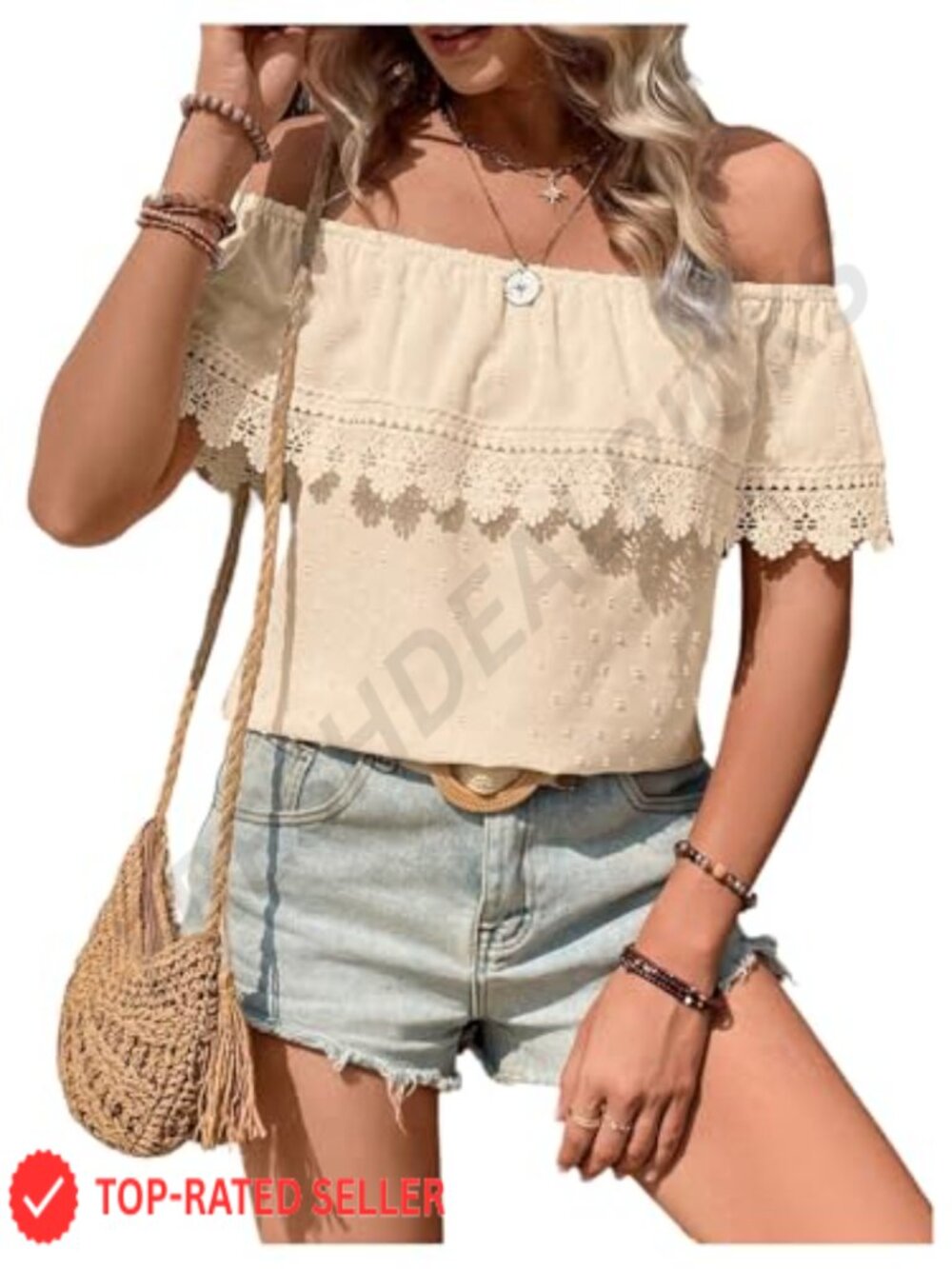 MakeMeChic Women's Off Shoulder Lace Boho Summer Blouse Peasant Top